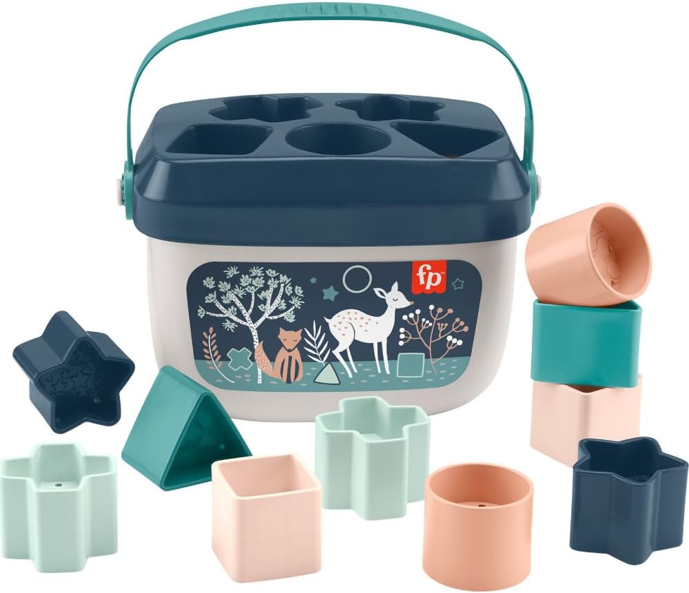 Fisher-Price Stacking Toy Baby’s First Blocks Set of 10 Shapes for Sorting Play Ages 6+ Months, Navy Fawn (Amazon Exclusive)