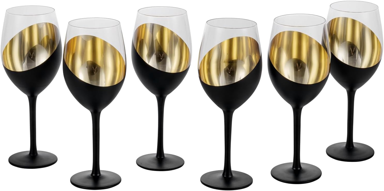 MyGift 14 oz Modern Slanted Matte Black and Gold Tone Stemmed Wine Glasses, Elegant Angled Design with Metallic Interior Accent Glass Stemware, Set of 6