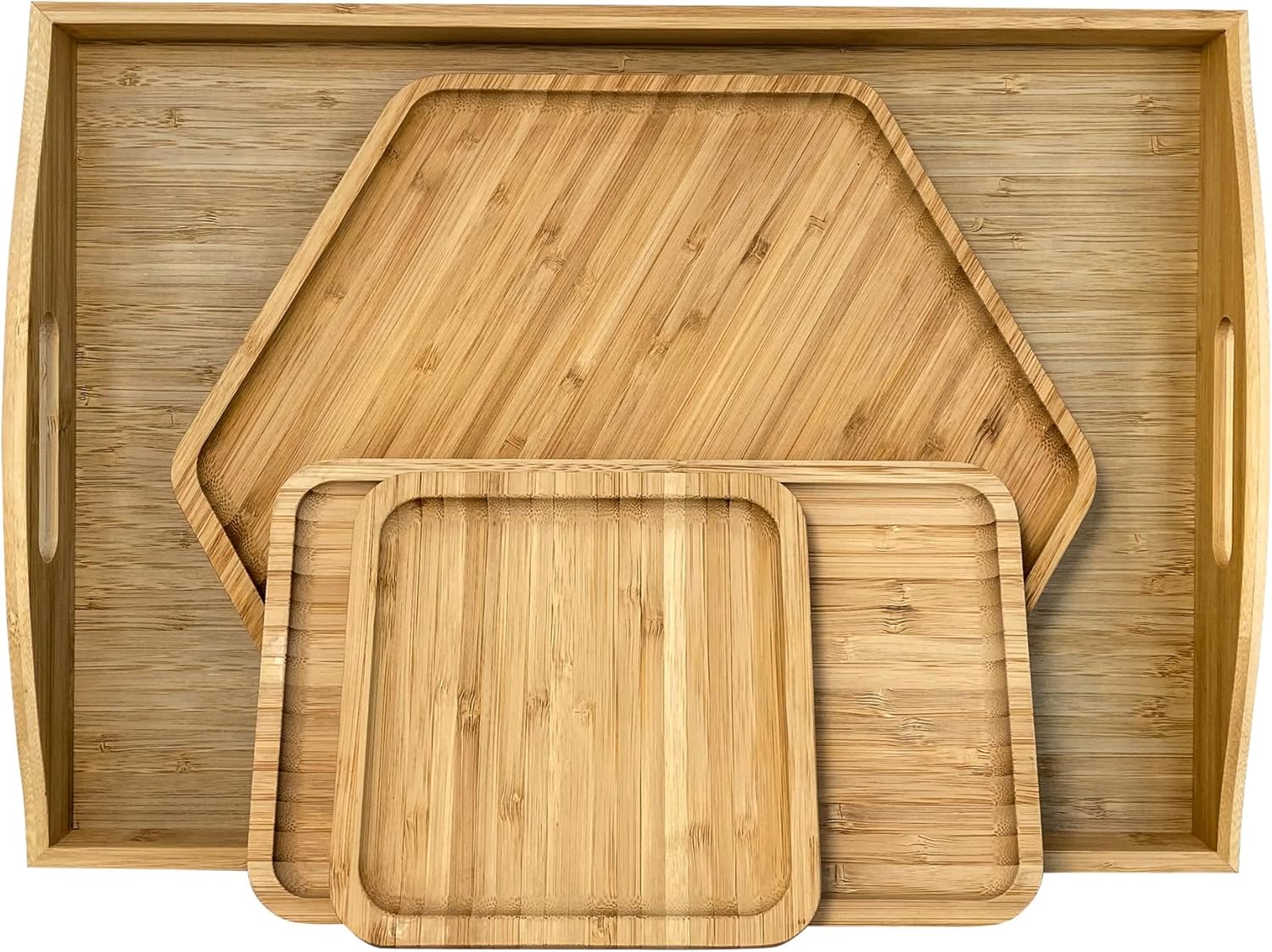PAFREWOG Bamboo Serving Trays 16.5"x11.8"（42x30cm with Handle, Set Includes 1xHexagon 12.5"(32cm)+1xRectangle 9.8"(25cm)*5.9"(15cm)+1xSquare 5.9"(15cm) Dinner Plates Cheese Cutting Board