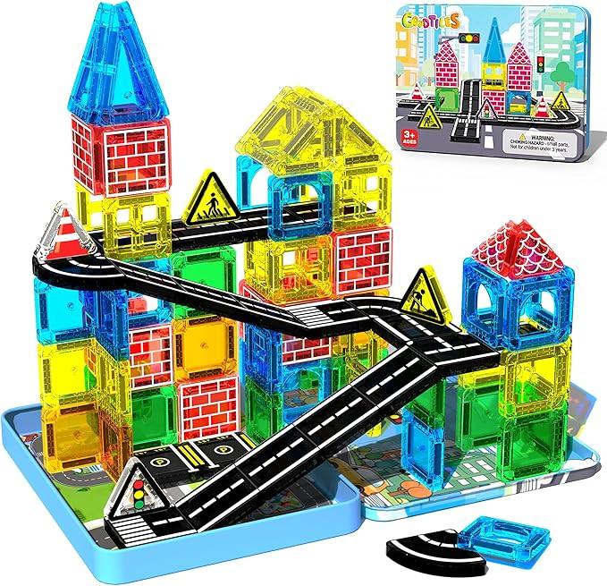 Mini Magnetic Tiles Road Set for Kids Ages 3-8, Magnetic Building Blocks with Portable Tin Box, Magnet Tiles STEM Travel Toys for Toddlers City Road Builder, Preschool Learning Gifts for Boys Girls